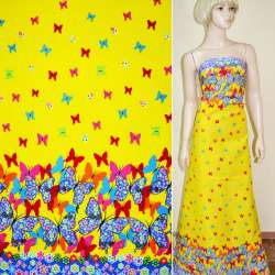 Коттон желтый с двухсторонним голубым купоном в бабочки ш.146