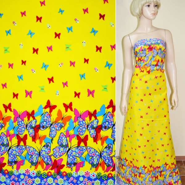 Коттон желтый с двухсторонним голубым купоном в бабочки ш.146