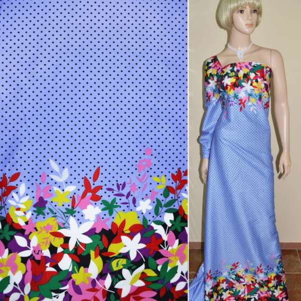 Коттон голубой в черный горох,двухсторонний купон ш.145