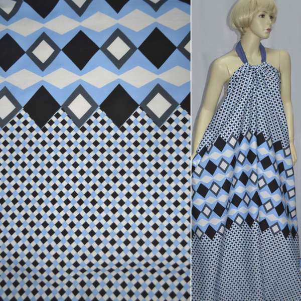 Коттон белый с черно-голубыми мелкими ромбами ш.145