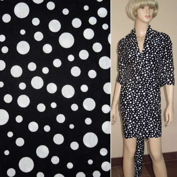 Коттон стрейч черный в белый горох ш.130