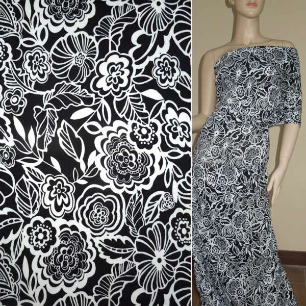 Котон стрейч чорний з білими квітами ш.130