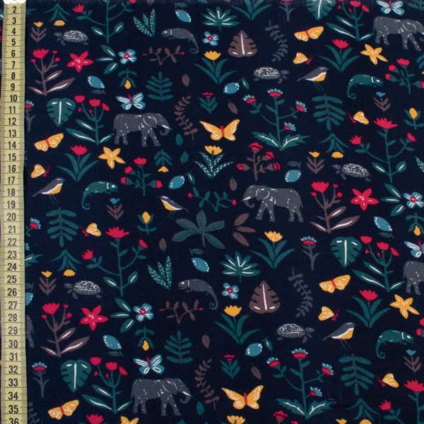 Котон з ворсом синій темний, слони, яскраві квіти, листя, ш.150
