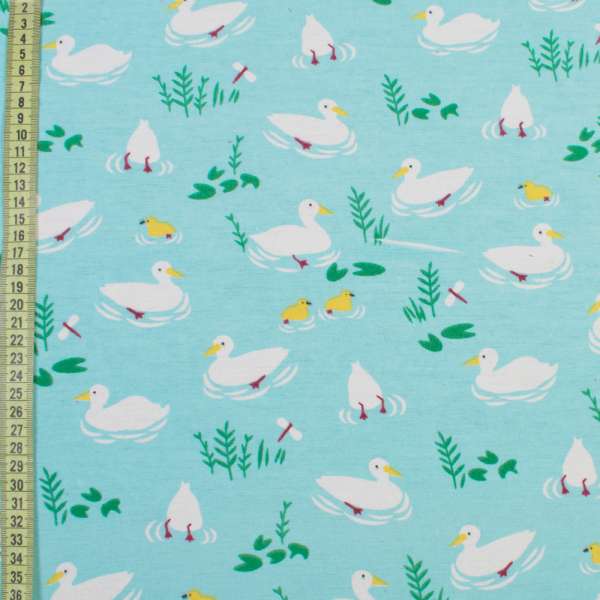 Котон з ворсом бірюзовий, білі качечки, ш.145