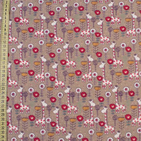 Котон з ворсом бежевий, червоно-білі жирафи і квіти, ш.145