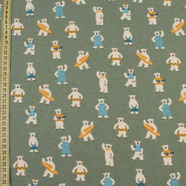 Котон з ворсом оливковий, білі ведмеді на пляжі, ш.150