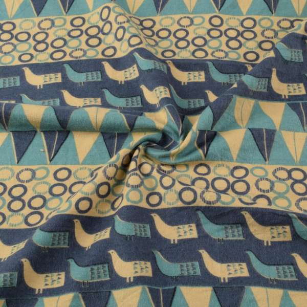 Котон з ворсом синій, бежеві, бірюзові птиці, ш.145