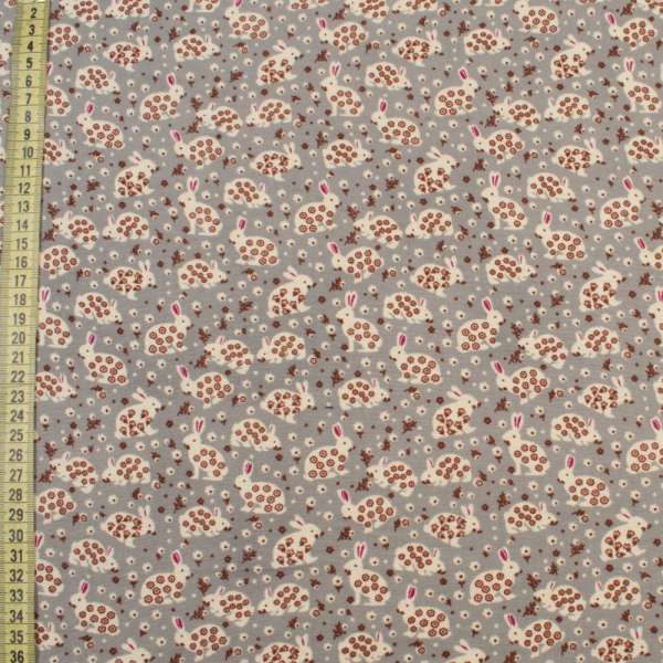 Котон з ворсом сірий, білі зайчики в квіточку, ш.145