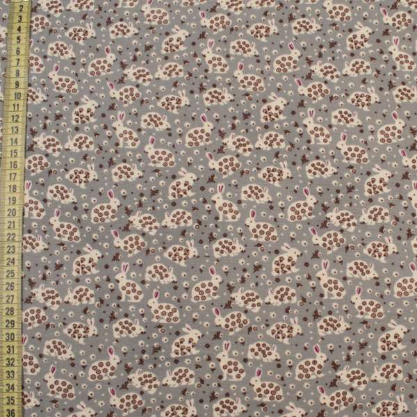 Котон з ворсом сірий темний, білі зайчики в квіточку, ш.145