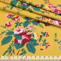 Котон з ворсом жовто-гірчичний в зелено-рожеві троянди ш.140