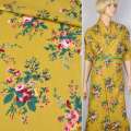 Котон з ворсом жовто-гірчичний в зелено-рожеві троянди ш.140