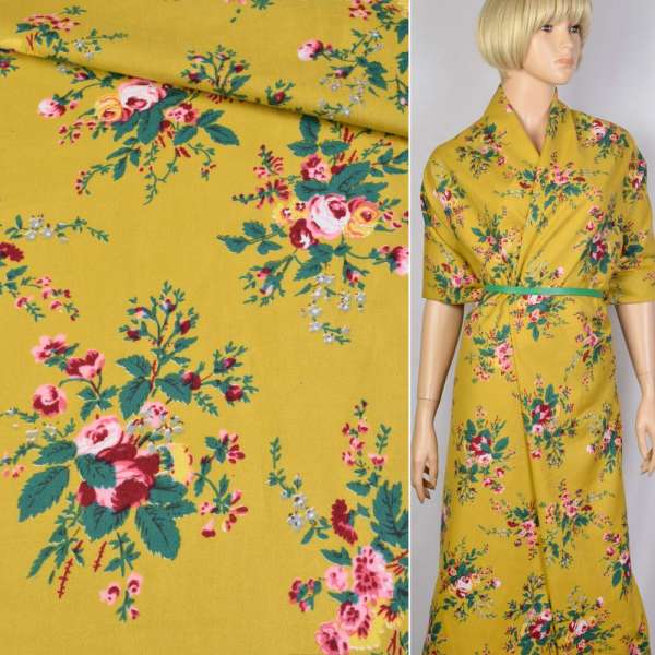 Котон з ворсом жовто-гірчичний в зелено-рожеві троянди ш.140