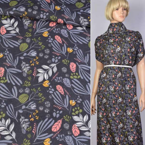 Котон з ворсом сірий в жовто-рожеві квіти, зелене листя ш.145