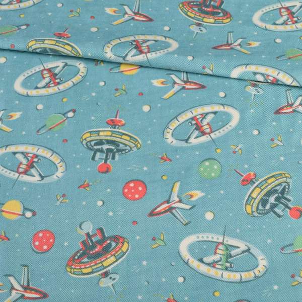 Котон з ворсом бірюзовий в літаючі тарілки, ш.145