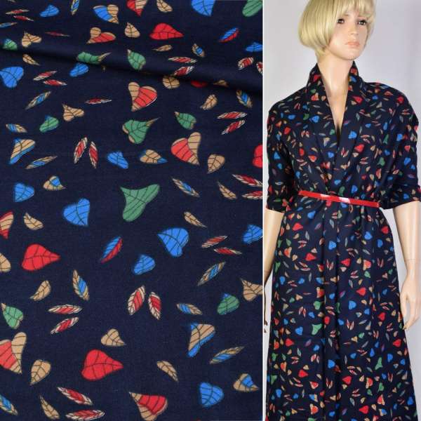 Котон з ворсом синій темний в різнокольорові листя ш.140