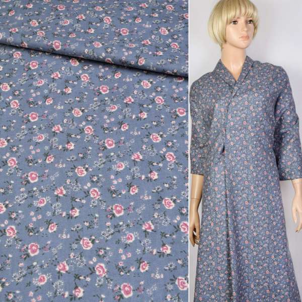 Котон з ворсом сіро-блакитний в рожево-зелену квітку ш.140