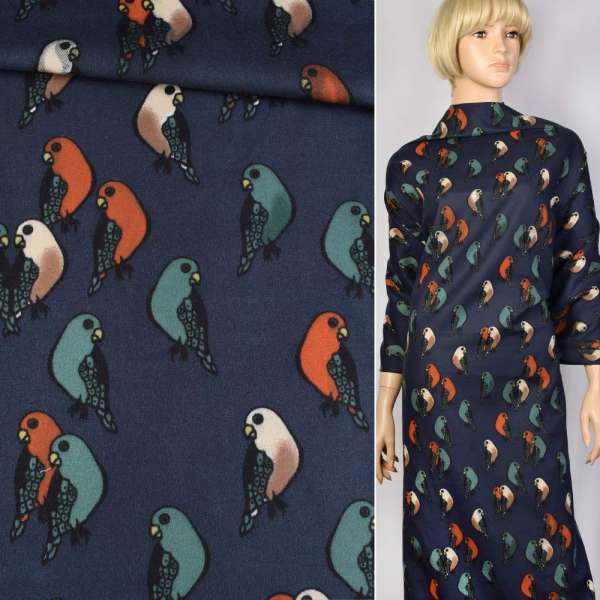 Котон з ворсом синій з папугами ш.140