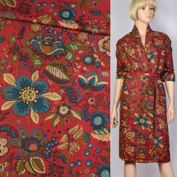 Котон з ворсом теракотовий в бежево-сині квіти ш.140