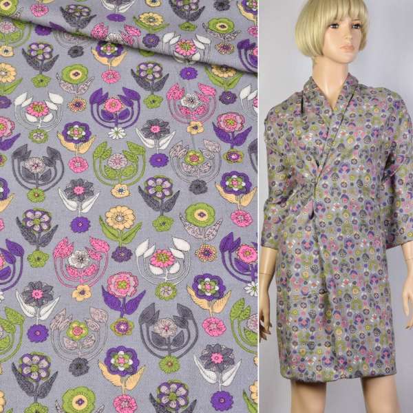 Котон з ворсом сірий в рожеві квіти ш.140