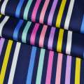 Атлас-коттон стрейч темно-синий в разноцветные полоски ш.145