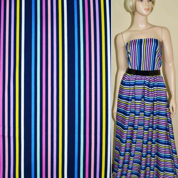 Атлас-коттон стрейч темно-синий в разноцветные полоски ш.145