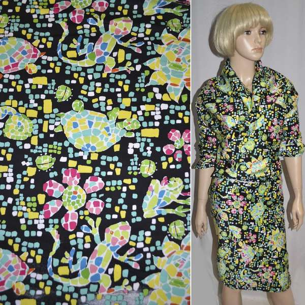 Котон стрейч чорний з кольоровими мозаїчними малюнками