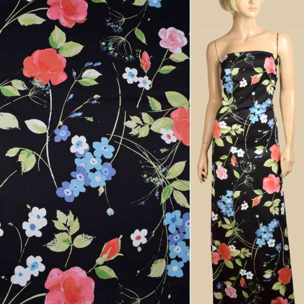 Котон стрейч чорний з рожевими трояндами ш.135