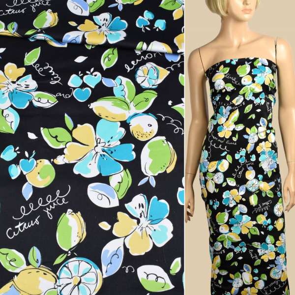 Котон стрейч чорний з жовто-бірюзовими квітами, ш.140