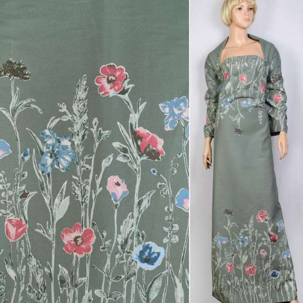 Котон нефритовий блідий в червоно-блакитні квіти купон ш.147