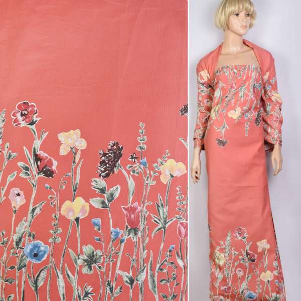 Котон кораловий в червоно-блакитні квіти купон ш.145