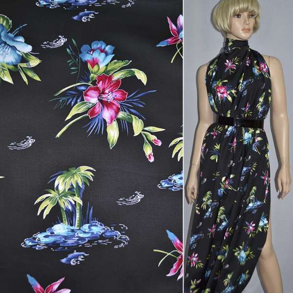 Котон стрейч чорний з рожевими квітами ш.150