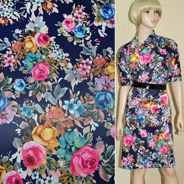 Атлас-коттон стрейч синий темный с розово-желтыми розами ш.140