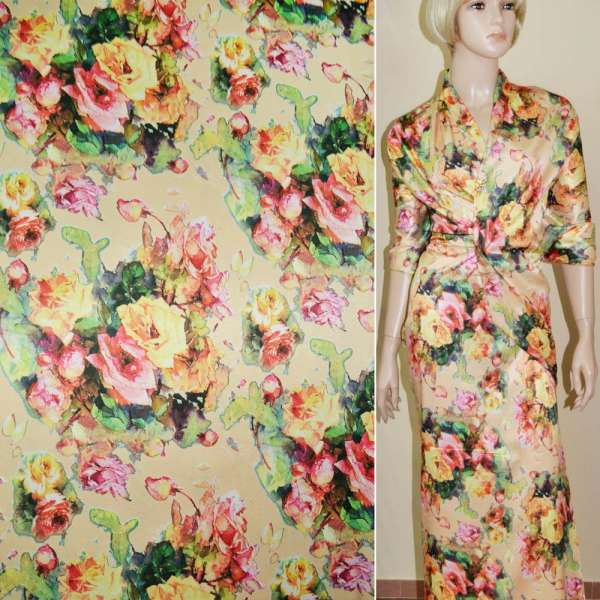 Атлас -коттон стрейч персиковый с желто-красными розами ш.140