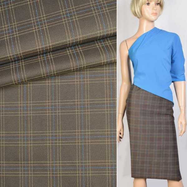 Ткань костюмная коричневая в синюю и бежевую клетку, ш.152