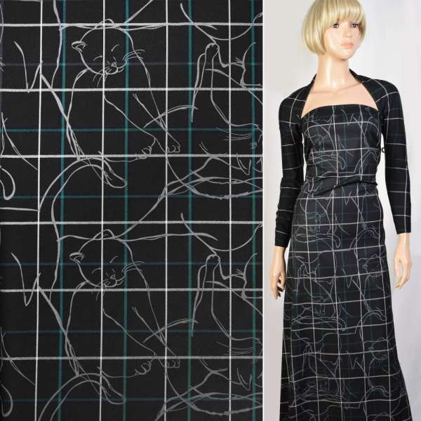 Котон чорний в біло-бірюзову клітину і сірі кішки, ш.150