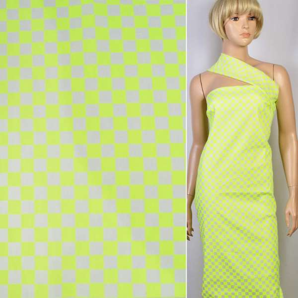 Котон стрейч бежевий в ультра-жовті квадрати 1,5 см ш.145