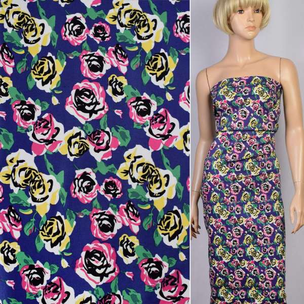 Котон стрейч синій в рожеві і жовті троянди ш.145