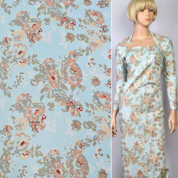 Котон стрейч блакитний в персиково-біло-зелені квіти ш.145