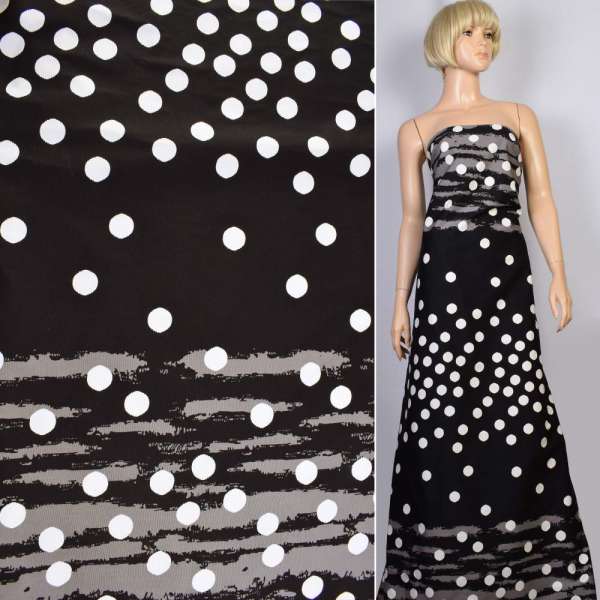 Котон стрейч сірий в білі кола і чорні смуги, ш.150