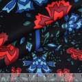 Котон стрейч чорний в червоні і синьо-блакитні квіти ш.145