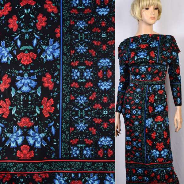 Котон стрейч чорний в червоні і синьо-блакитні квіти ш.145