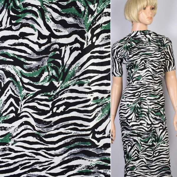 Котон стрейч принт зебра із зеленим листям ш.143