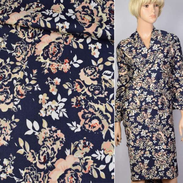 Котон стрейч синій в бежево-білі троянди ш.145