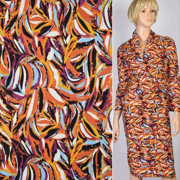 Котон стрейч чорний в оранжево-фіолетово-блакитний абстрактний малюнок, ш.145