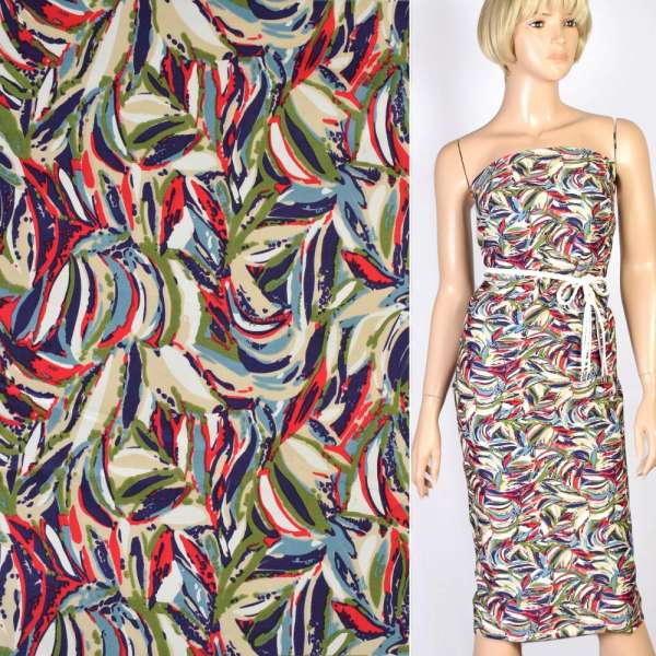 Котон стрейч бежевий в червоно-фіолетовий, зелений абстр малюнок, ш.145