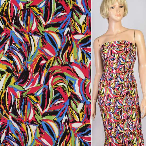 Котон стрейч чорний в малиново-жовтий, зелений абстрактний малюнок, ш.145