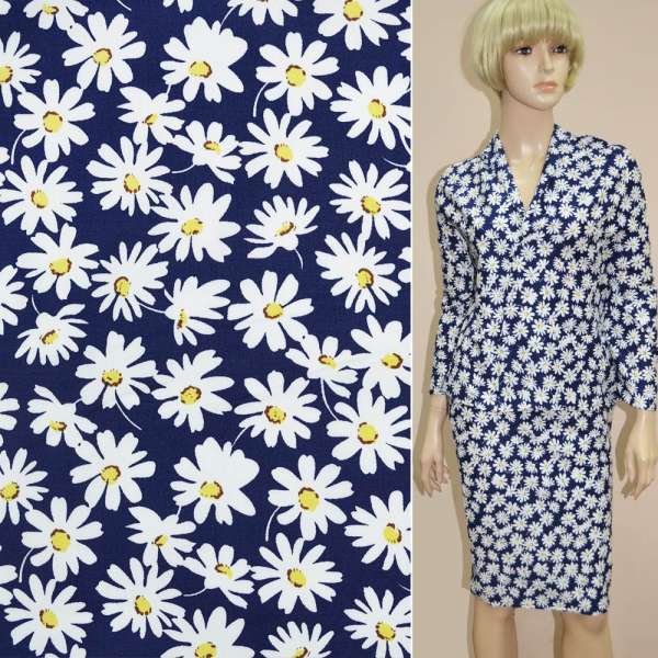 Котон стрейч синій з білими ромашками ш.145