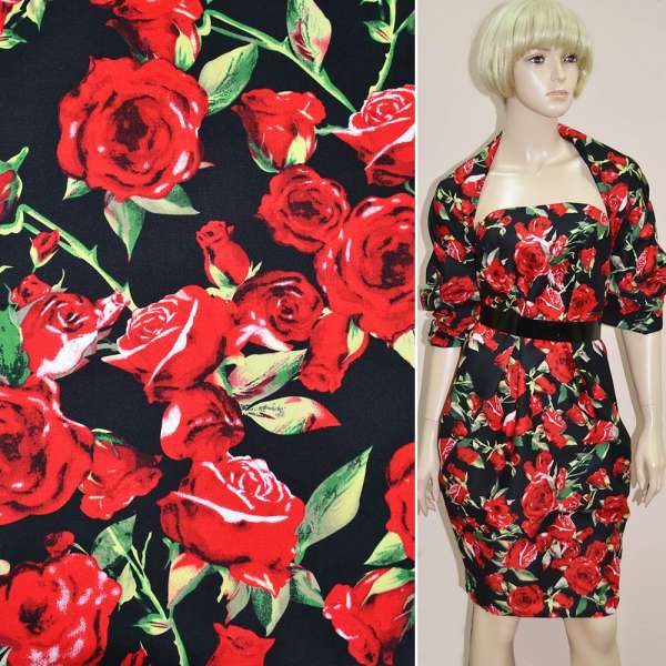 Котон стрейч чорний з червоними трояндами ш.150