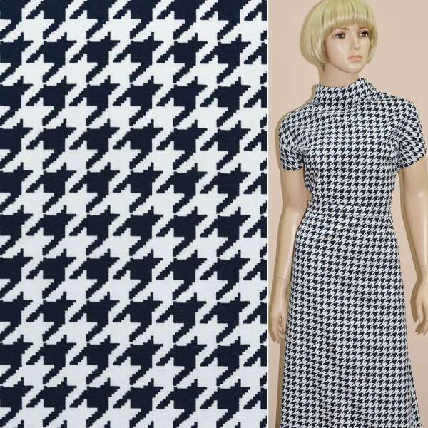 Котон стрейч білий в темно-синю гусячу лапку ш.148