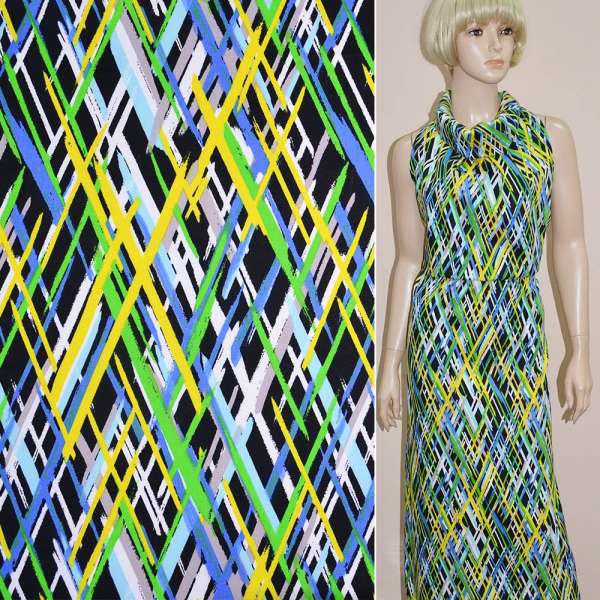 Котон стрейч чорний з жовто-зеленим і синьо-білим геометричним малюнком ш.148